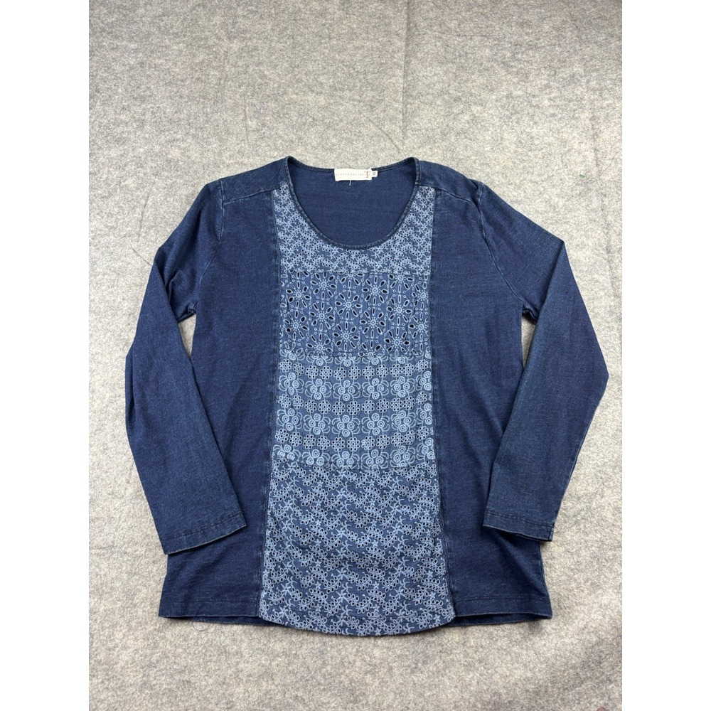 Johnny Was 4 Love Liberty Women XS Blue Eyelet Lace Floral Longsleeve Shirt Boho